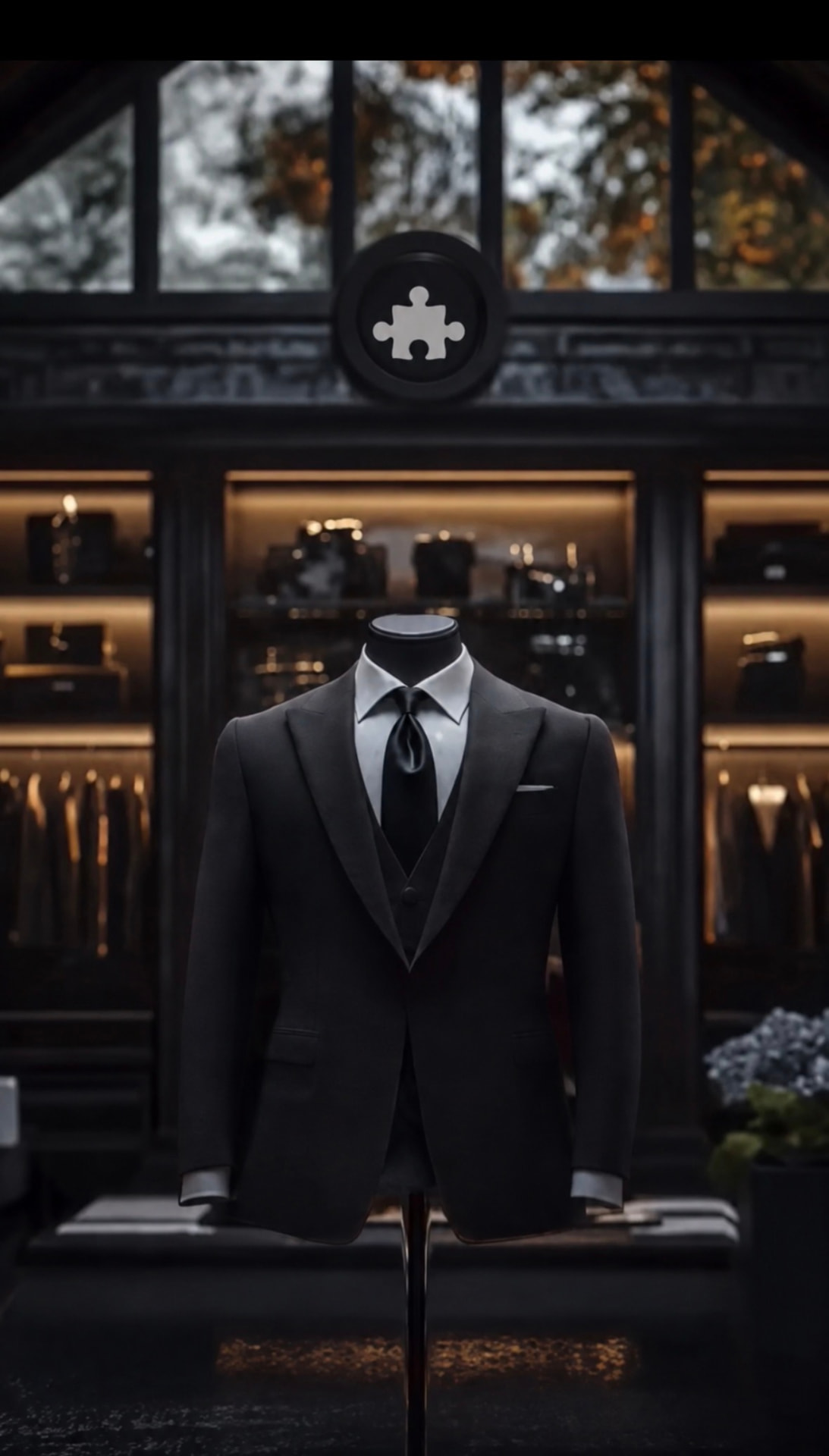 Tailored black suit displayed in a luxury store setting